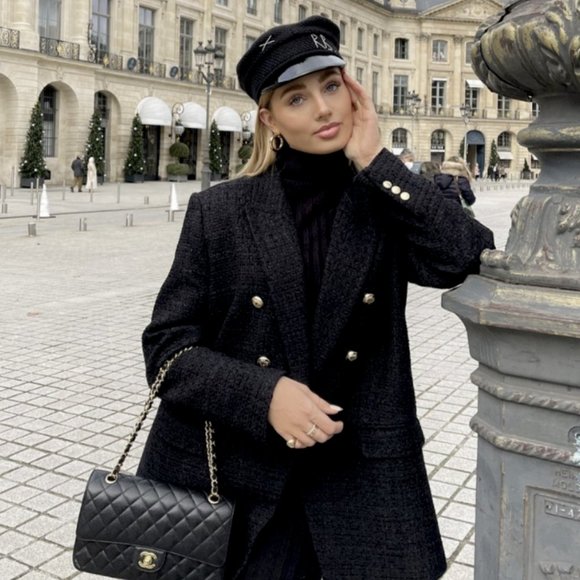 COPY - ZARA WOMEN NEW DOUBLE BREASTED TEXTURED WEAVE BLAZER BLACK 2761/257 XS - Picture 3 of 13